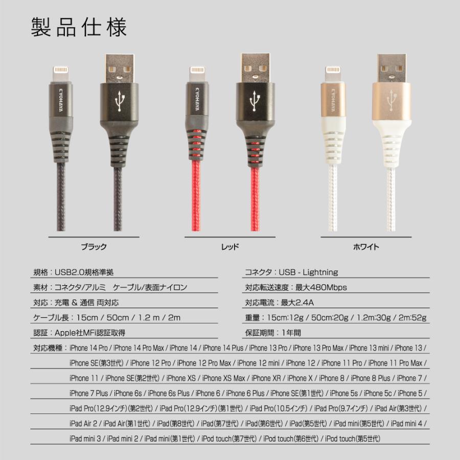 apple認証品 iPhone 充電 ケーブル 断線防止 MFi認証 ライトニング ケーブル iPhone14 iPad 各種対応 急速充電 高速データ転送 強靭  15cm / 50cm / 1.2m / 2m｜kyohaya｜12