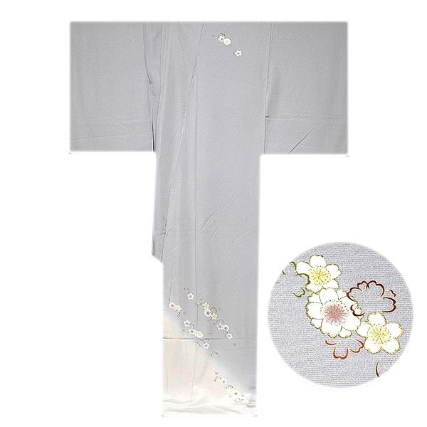 訪問着 正絹 新品 桜柄 丹後ちりめん生地使用 ぼかし グレー 未仕立て