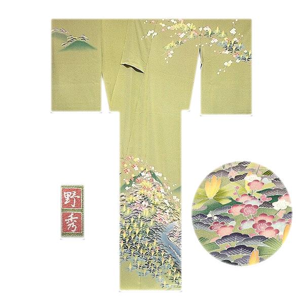 訪問着 正絹 新品 作家物 落款あり 浜ちりめん生地使用 風景柄 抹茶色 