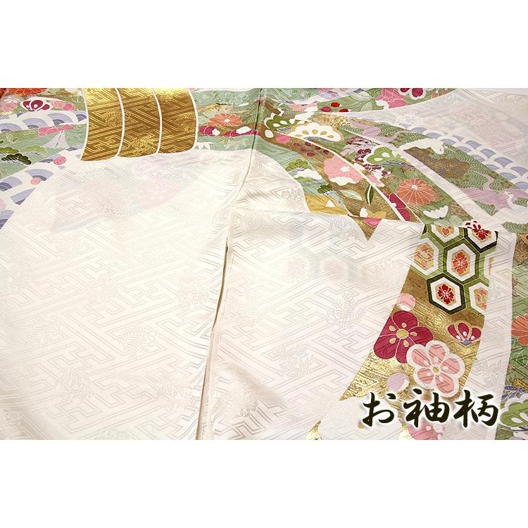 振袖 新品 購入 正絹 白色 最高級 束ね熨斗文 松竹梅 振り口付き 金駒刺繍 本染め 丹後ちりめん 未仕立て 仮絵羽 フォーマル 礼装 着物の画像