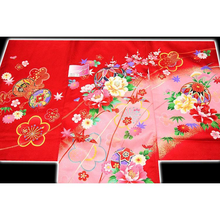 お宮参り 着物 女の子 新品 絹100％ 正絹 染め分け ぼかし 金彩 花柄 折鶴 鞠 赤色 ピンク 女児 七五三 産着 初着 祝着物_1