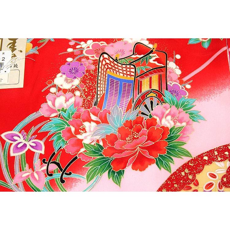お宮参り 着物 女の子 日本製 新品 絹100％ 正絹 染め分け ぼかし 金彩 花車 花輪 赤色 ピンク 女児 七五三 産着 初着 祝着物_3