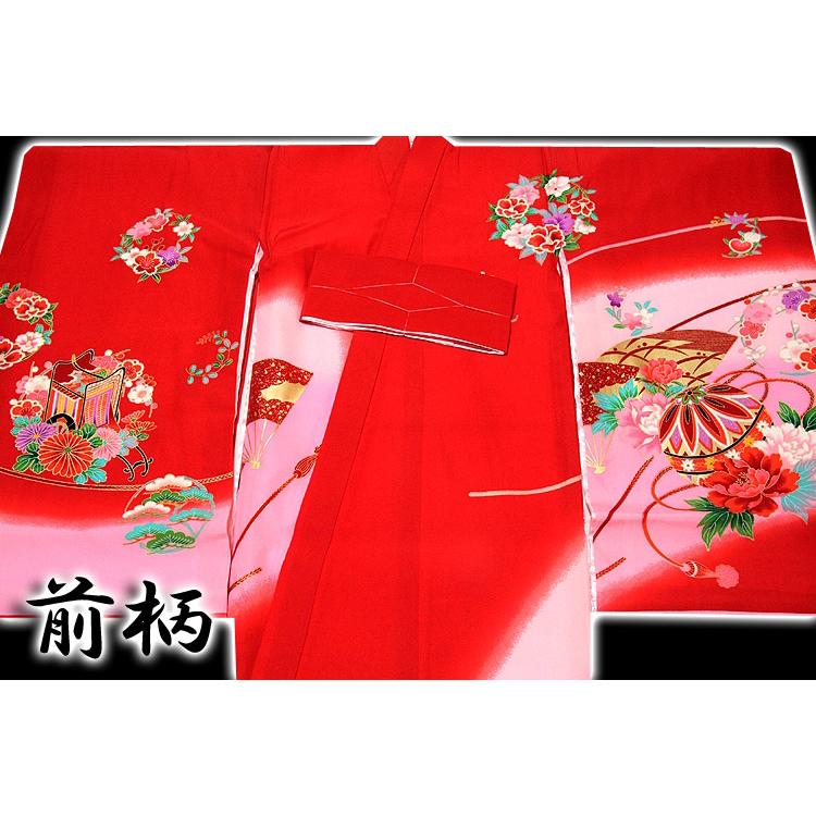お宮参り 着物 女の子 日本製 新品 絹100％ 正絹 染め分け ぼかし 金彩 花車 花輪 赤色 ピンク 女児 七五三 産着 初着 祝着物_2