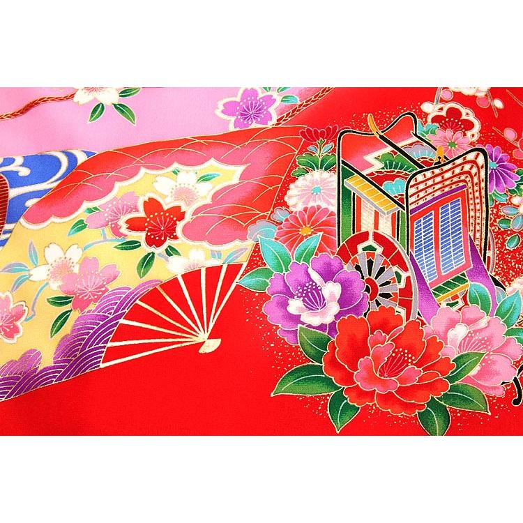 お宮参り 着物 女の子 日本製 新品 絹100％ 正絹 染め分け ぼかし 金彩 花車 花輪 赤色 ピンク 女児 七五三 産着 初着 祝着物_4