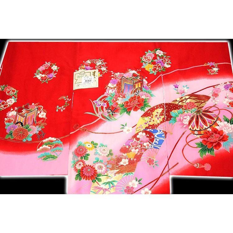 お宮参り 着物 女の子 日本製 新品 絹100％ 正絹 染め分け ぼかし 金彩 花車 花輪 赤色 ピンク 女児 七五三 産着 初着 祝着物_1