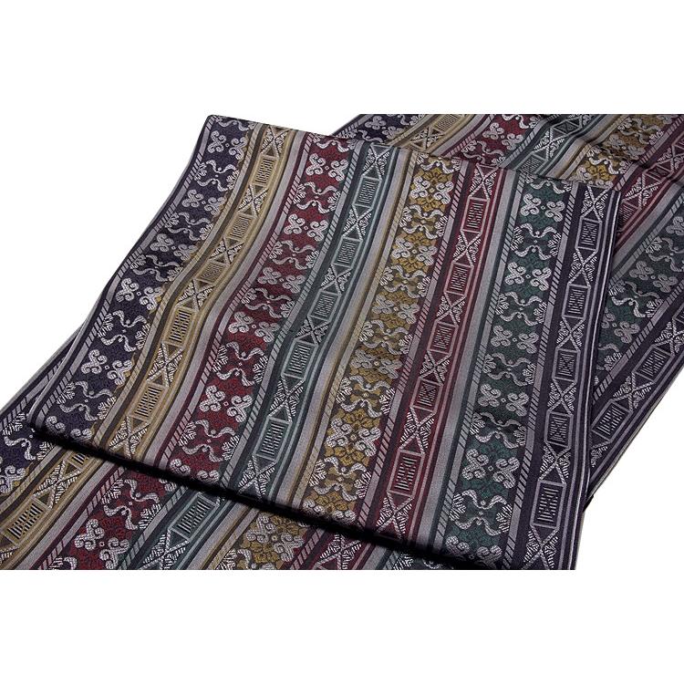 縞柄 グレー色系 細やかな柄行き オシャレ 全通 正絹 九寸 名古屋帯