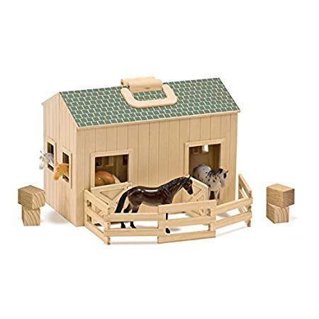 Melissa & Doug Fold and Go Wooden Horse StableドールハウスwithハンドルとおもちゃHorses ( 1