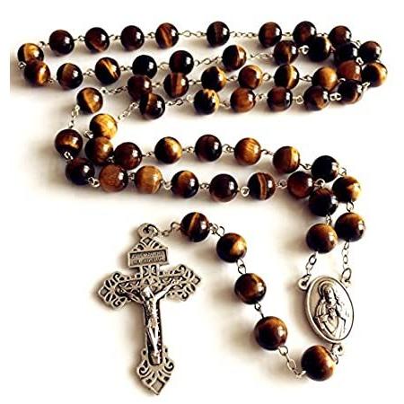 【在庫処分】 Eye Tiger 10MM HANDMADE elegantmedical Beads Necklace Catholic CROSS ROSARY ネックレス、ペンダント