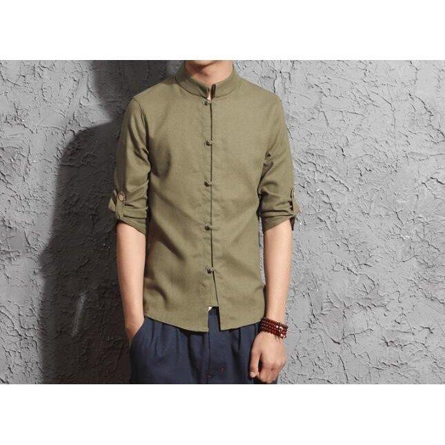 当店の記念日メンズ長袖シャツ 綿麻シャツ 改良版唐装 中式ボタン 太極