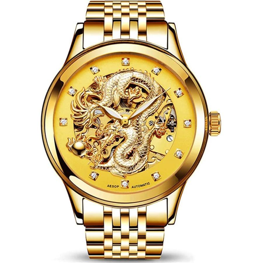 最も完璧な Gosasa メンズ Gold Full Men 腕時計 ゴールド 防水 機械式 自動巻き 彫刻文字盤 高級 ドラゴンコレクション 腕時計 Panero Shop