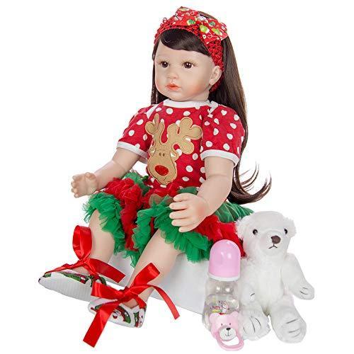 人気No.1 巻き毛60センチリボーン人形幼児の女の子人形でクリスマスドレス布ボディソフトシリコーン現実的なベビーギフトプレイハウスおもちゃ ままごと