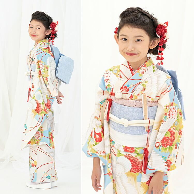 七五三 着物 7歳 四つ身 単品 女の子 着付けマニュアル付き 水色地に