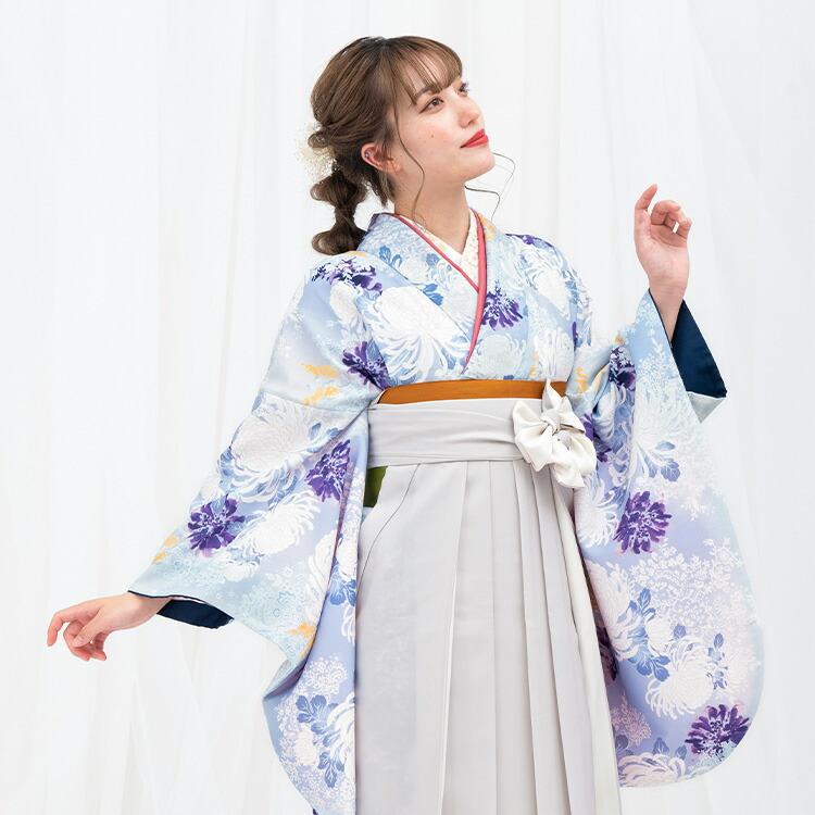 卒業式(高校/大学) 袴セット 6点フルセット 二尺袖(薄紫地に白菊)+バイ