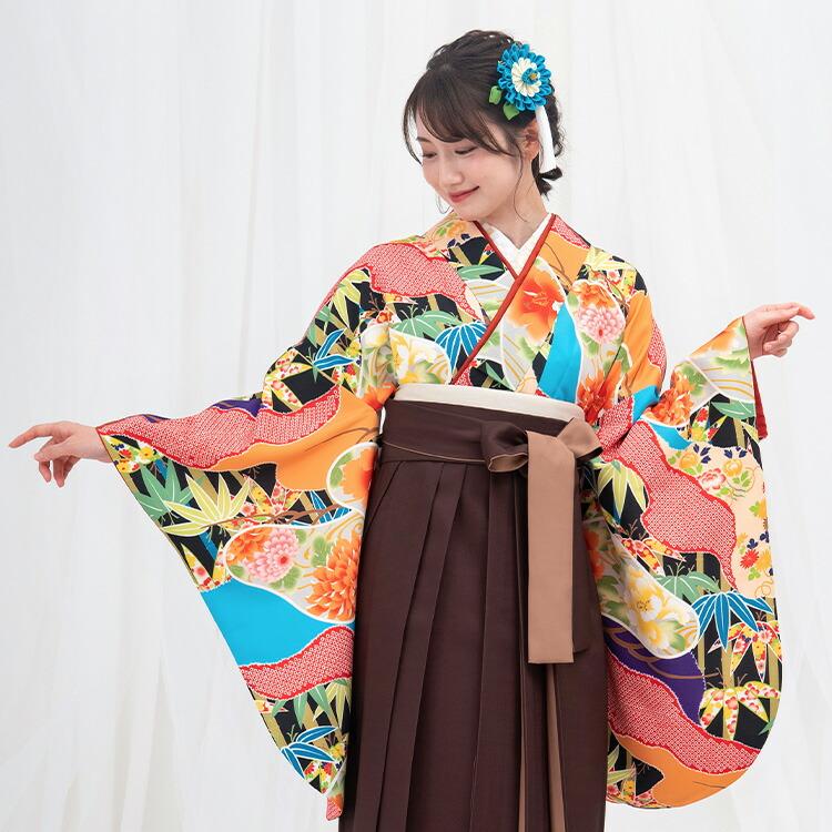 卒業式(高校/大学) 袴セット 6点フルセット 二尺袖(黒地に雲取り松竹と