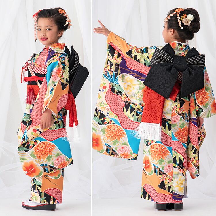 七五三 着物 7歳 四つ身 単品 女の子 着付けマニュアル付き 黒地に雲