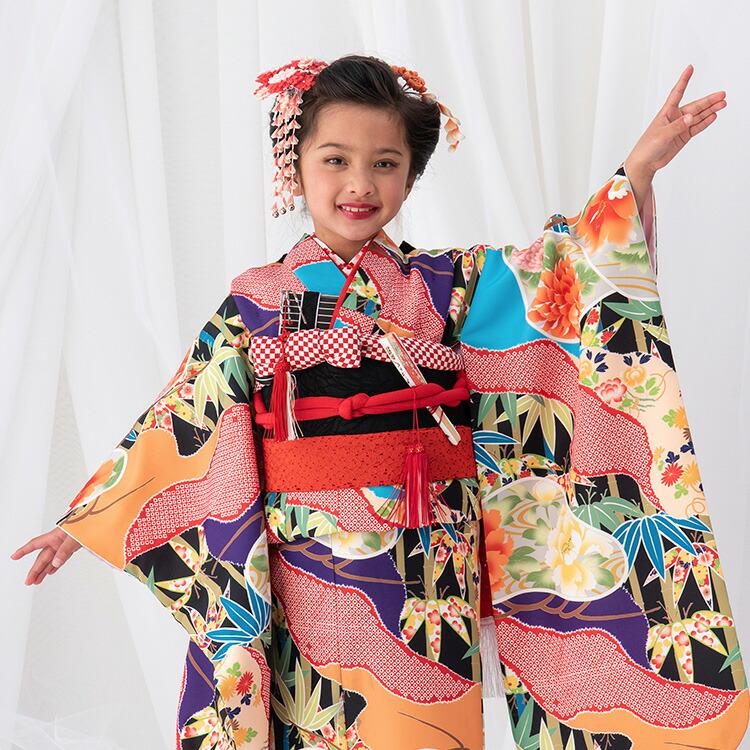 七五三 着物 7歳 四つ身 単品 女の子 着付けマニュアル付き 黒地に雲