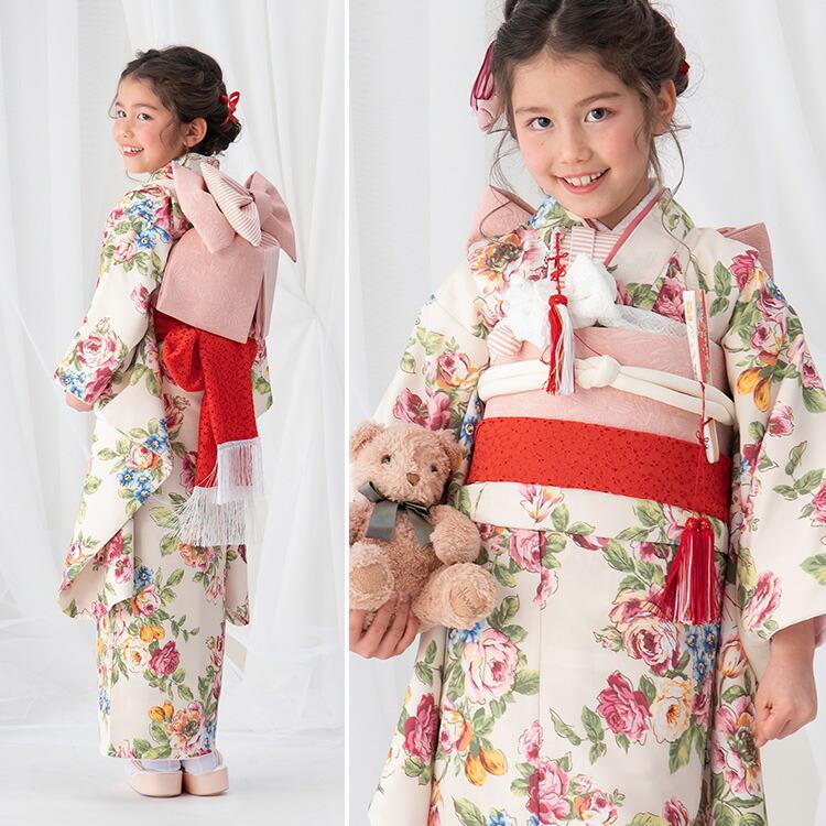七五三 着物 7歳 四つ身 単品 女の子 着付けマニュアル付き 生成り地に
