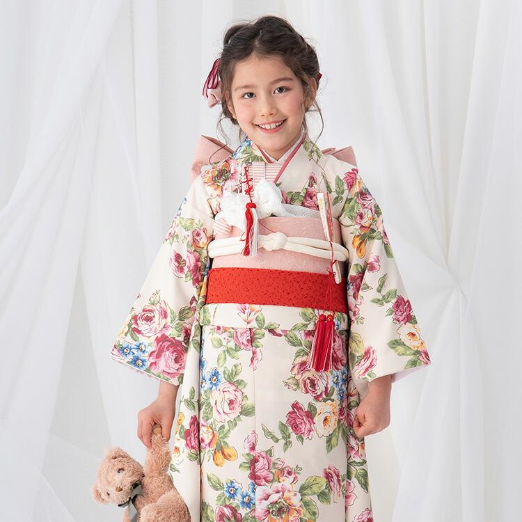 七五三 着物 7歳 四つ身 単品 女の子 着付けマニュアル付き 生成り地に