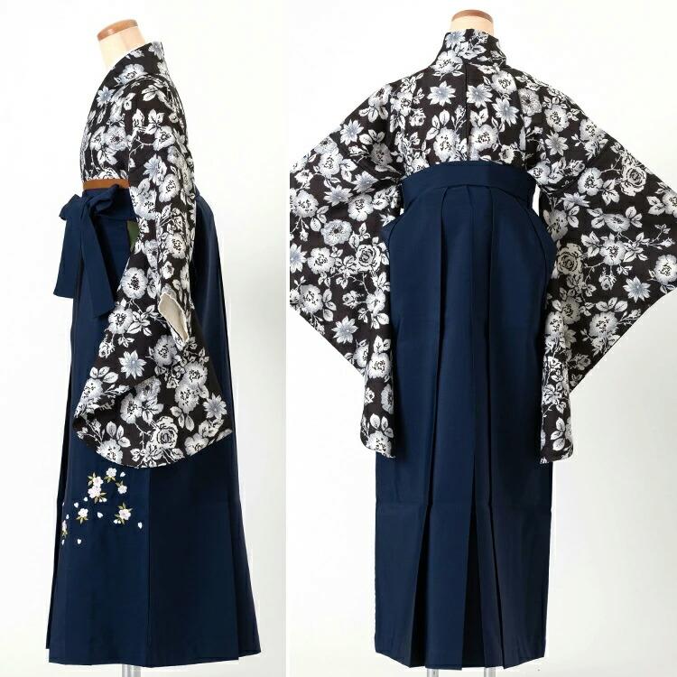 卒業式(高校/大学) 袴セット 6点フルセット 二尺袖(黒地に洋花)+刺繍袴