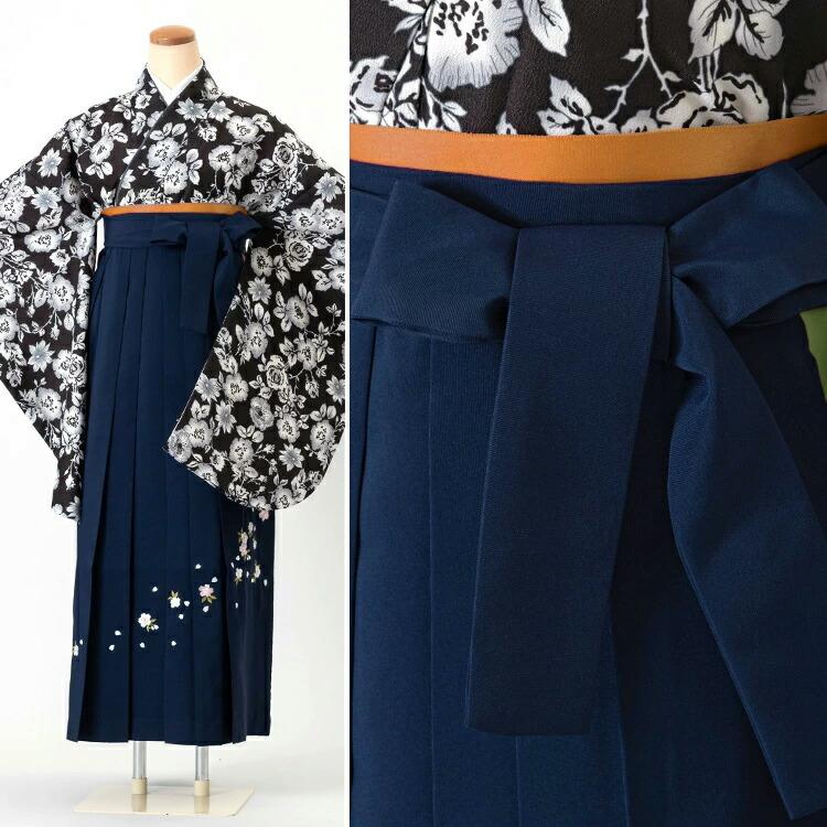 卒業式(高校/大学) 袴セット 6点フルセット 二尺袖(黒地に洋花)+刺繍袴