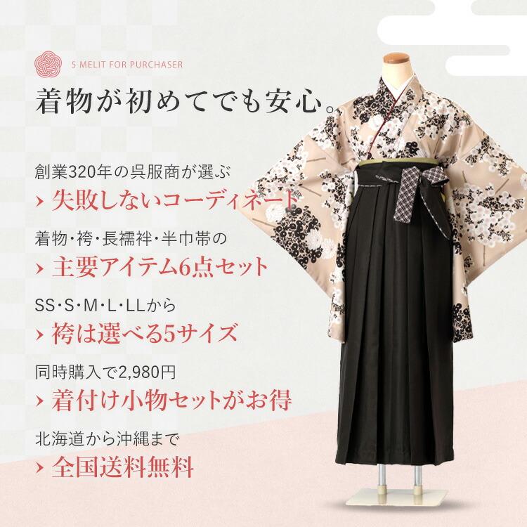 卒業式(高校/大学) 袴セット 6点フルセット 二尺袖(ベージュ地に小菊)+