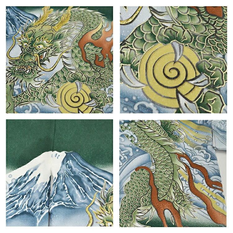 お宮参り 着物 男の子[龍と富士山 緑色] 産着セット(紐付きの着物+長襦袢) 着せ方マニュアル付き お宮参り 着物 男の子 HAL