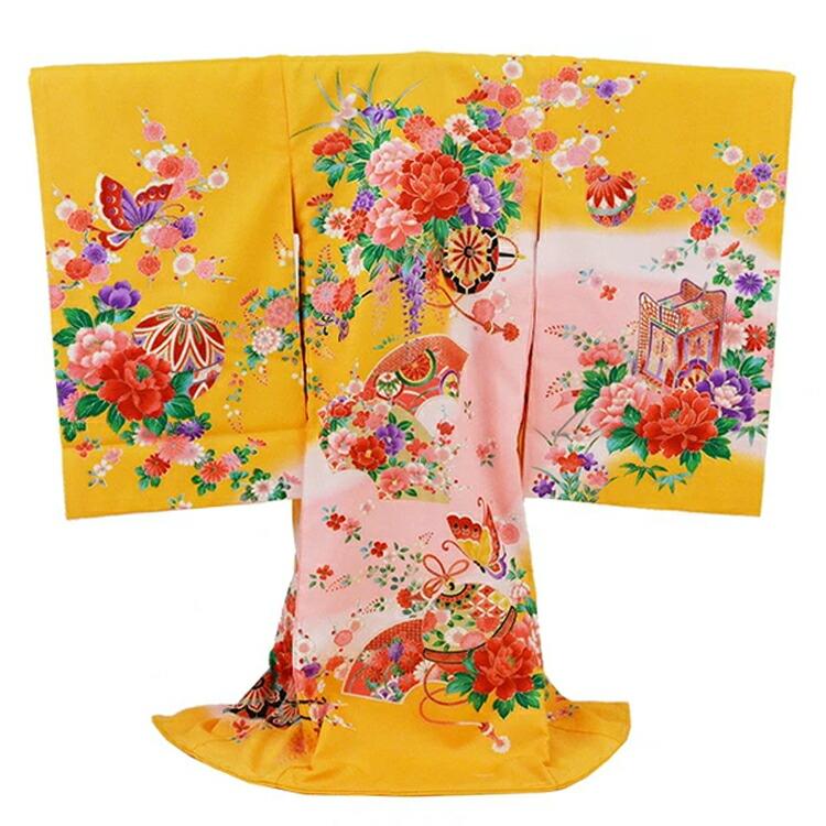 お宮参り 着物 女の子[扇と花車 橙色] 産着セット(紐付きの着物+長襦袢) 着せ方マニュアル付き 産着 初着 祝い着(のしめ) HAM