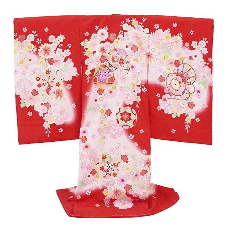 お宮参り 着物 女の子[ぼかし鞠 赤色] 産着セット(紐付きの着物+長襦袢) 着せ方マニュアル付き 産着 初着 祝い着(のしめ) HAM