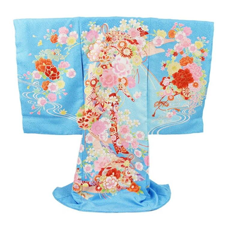 お宮参り 着物 女の子[鞠と傘 水色] 産着セット(紐付きの着物+長襦袢) 着せ方マニュアル付き 産着 初着 祝い着(のしめ) HAM