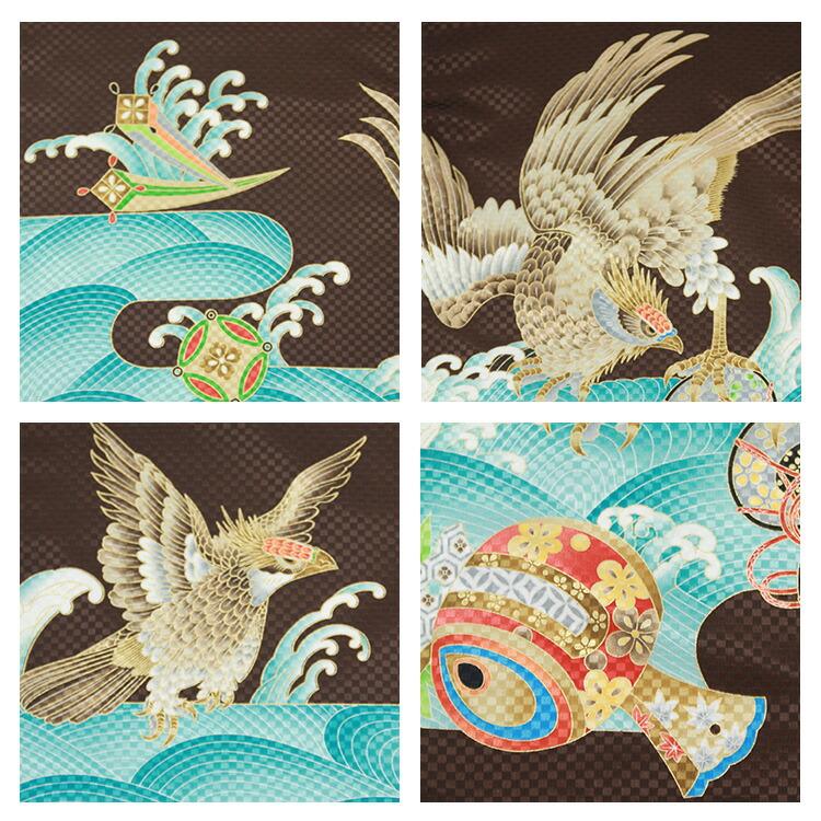 お宮参り 着物 男の子[鷹に波 茶色] 産着セット(紐付きの着物+