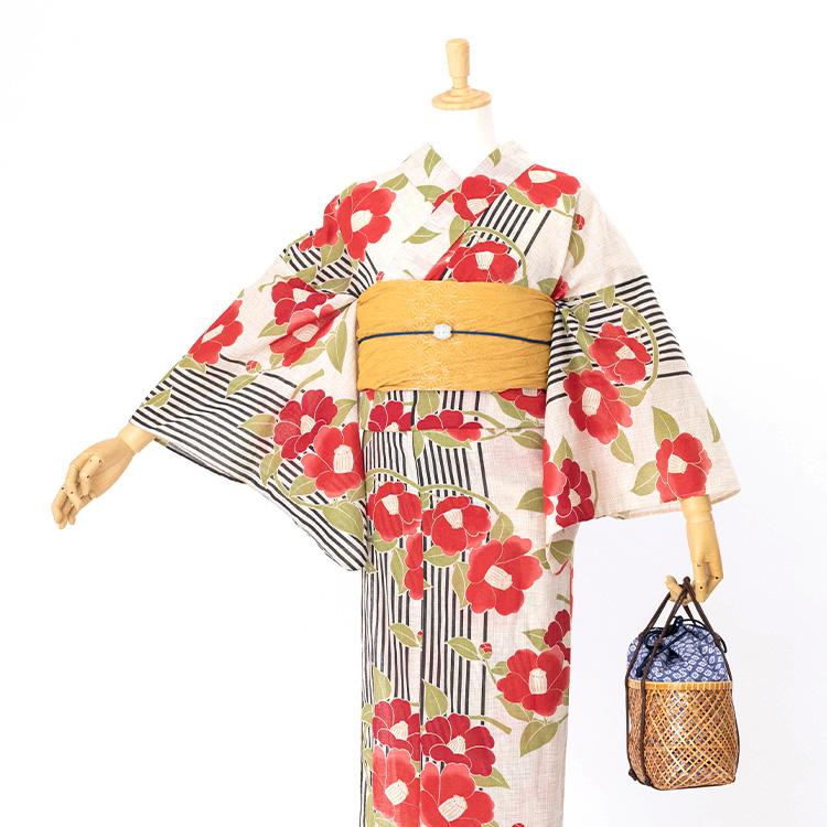 浴衣地 ゆかた地 浴衣反物 綿麻混 レディース 白地に椿の花 浴衣地 ゆかた地 浴衣反物 綿麻混 レディース 白地に椿の花