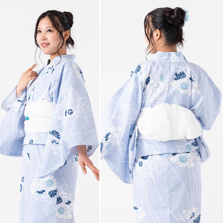 女性用浴衣 レディース 2点セット[浴衣+しわ兵児帯]水色地に花々(帯 白 