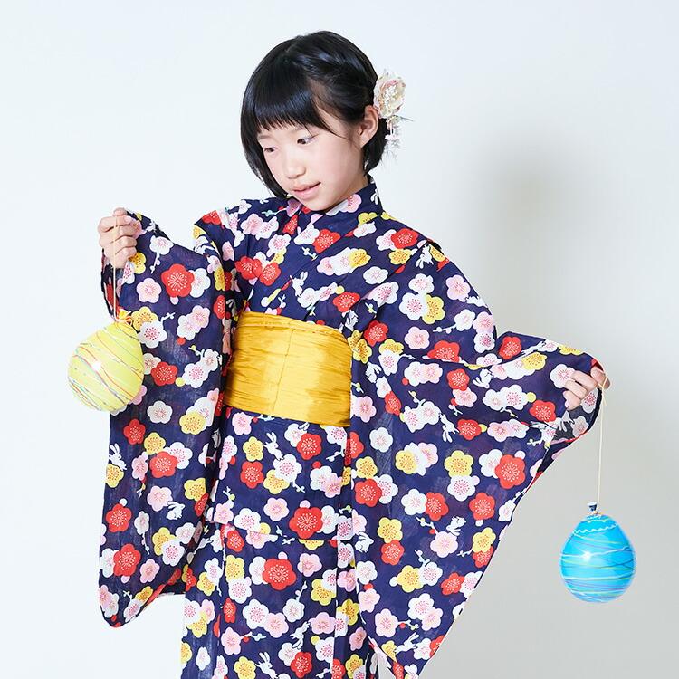 レトロ　キッズ　子供　浴衣　150cm　女の子　蝶々　ネイビー　兵児帯　オレンジ 浴衣セット 子供 帯 女の子 キッズ ガール キッズ浴衣 夏