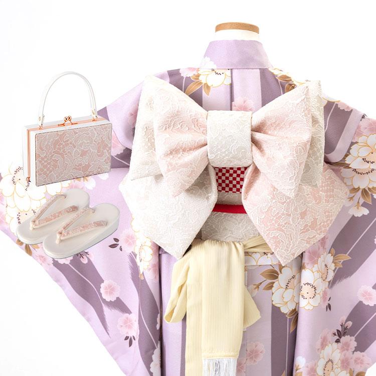 薄紫地に矢絣と桜 結び帯セット 着物 15点 フルセット 高級 モダン 