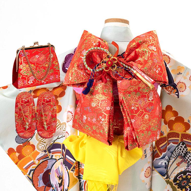 七五三 7歳　着物帯小物セット付　花柄 七五三 着物 7歳 四つ身セット(結び帯セット) 女の子 16点フル