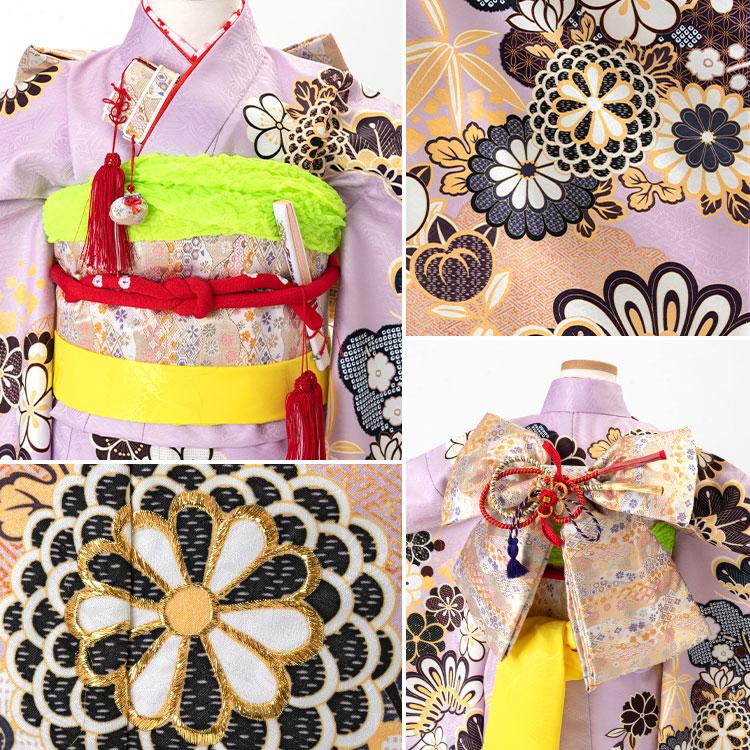 七五三着物帯セット　7歳　黄色　黒系帯 七五三 着物 7歳 四つ身セット(結び帯セット) 女の子 15点フル