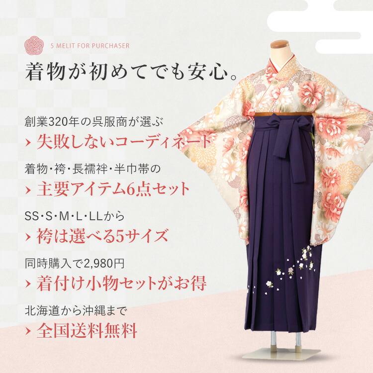 卒業式(高校/大学) 袴セット 6点フルセット 二尺袖(クリーム地に菊)+