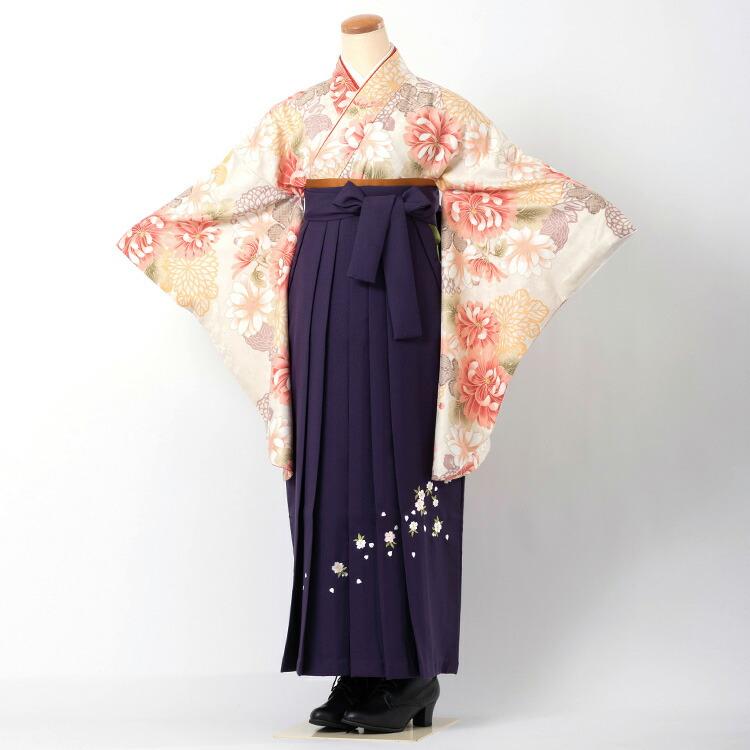 クリーム地に菊＆刺繍袴紫 卒業式 袴セット 着物 6点 フルセット  