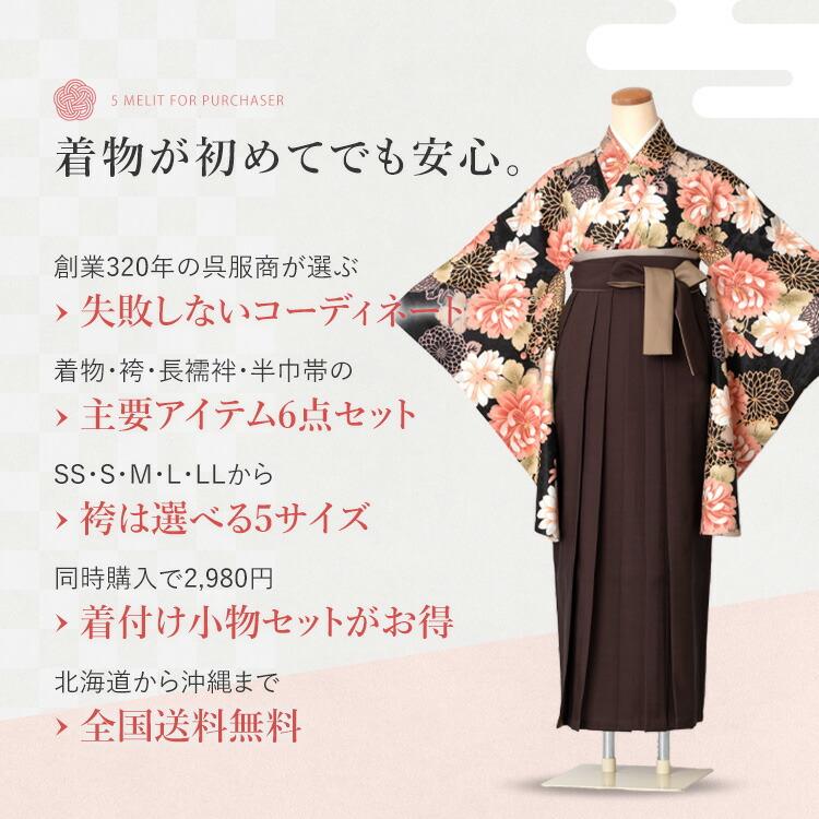 卒業式(高校/大学) 袴セット 6点フルセット 二尺袖(黒地に菊)+バイ 