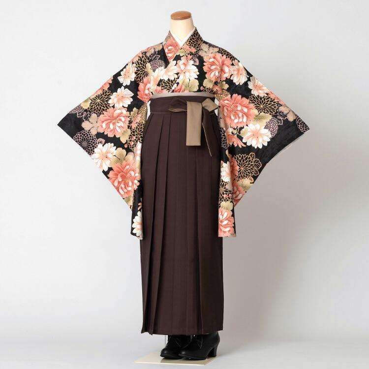 卒業式(高校/大学) 袴セット 6点フルセット 二尺袖(黒地に菊)+バイ