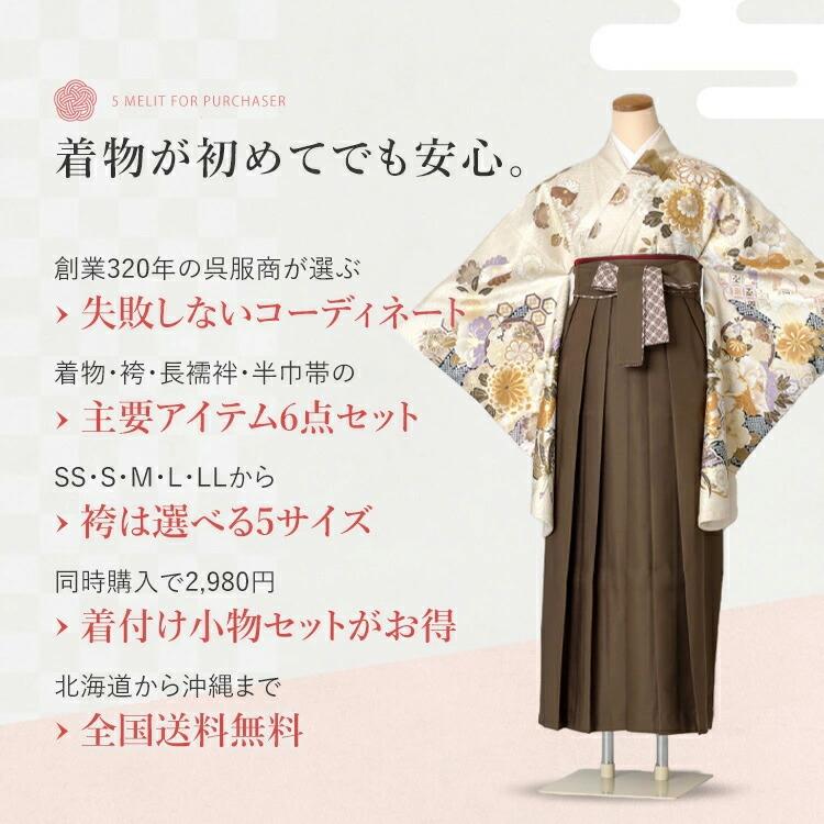 卒業式(高校/大学) 袴セット 6点フルセット 二尺袖(白地に流水疋田雲