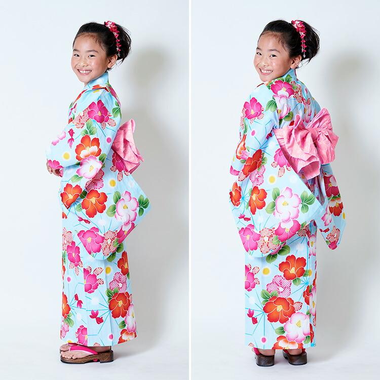 単品】子供用浴衣 女の子 100/110/120/130 水色地に椿と金魚
