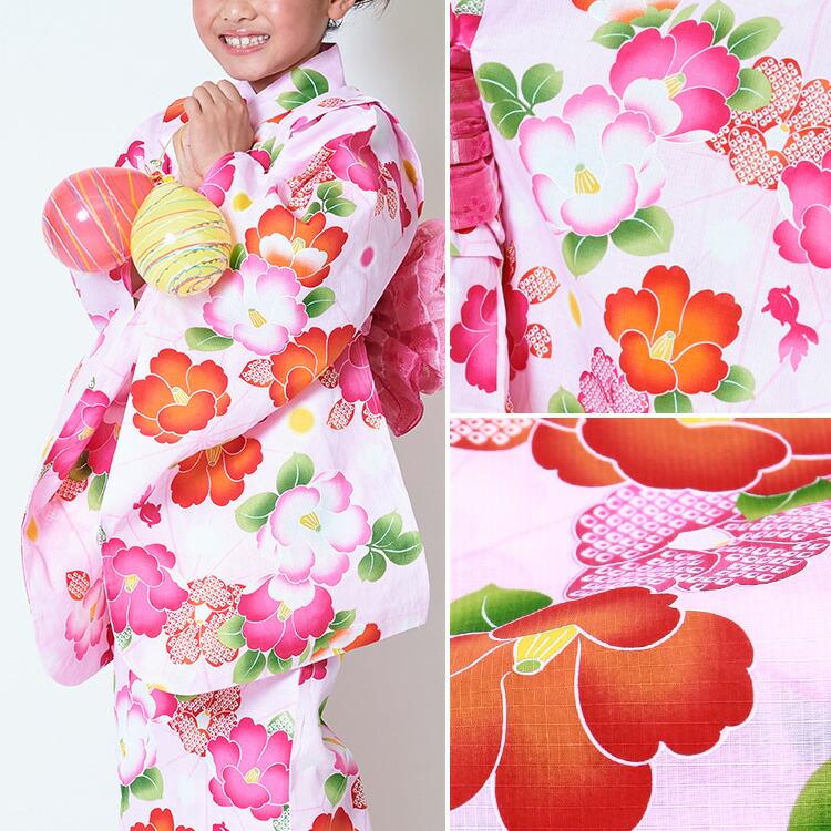 単品】子供用浴衣 女の子 100/110/120/130 ピンク地に椿と金魚 HYJ-d