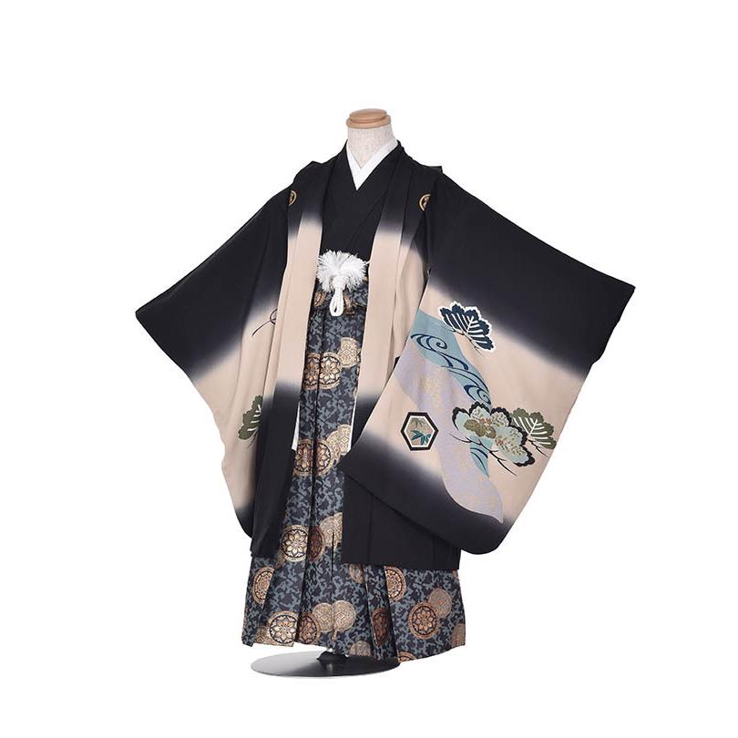 七五三 レンタル 5歳黒ぼかし 5歳児袴 袴羽織セット 羽織り袴 5歳着物 松 鷹 着物レンタル5 753 五歳 子供 フルセット 送料無料 足袋プレゼント 高級 正絹