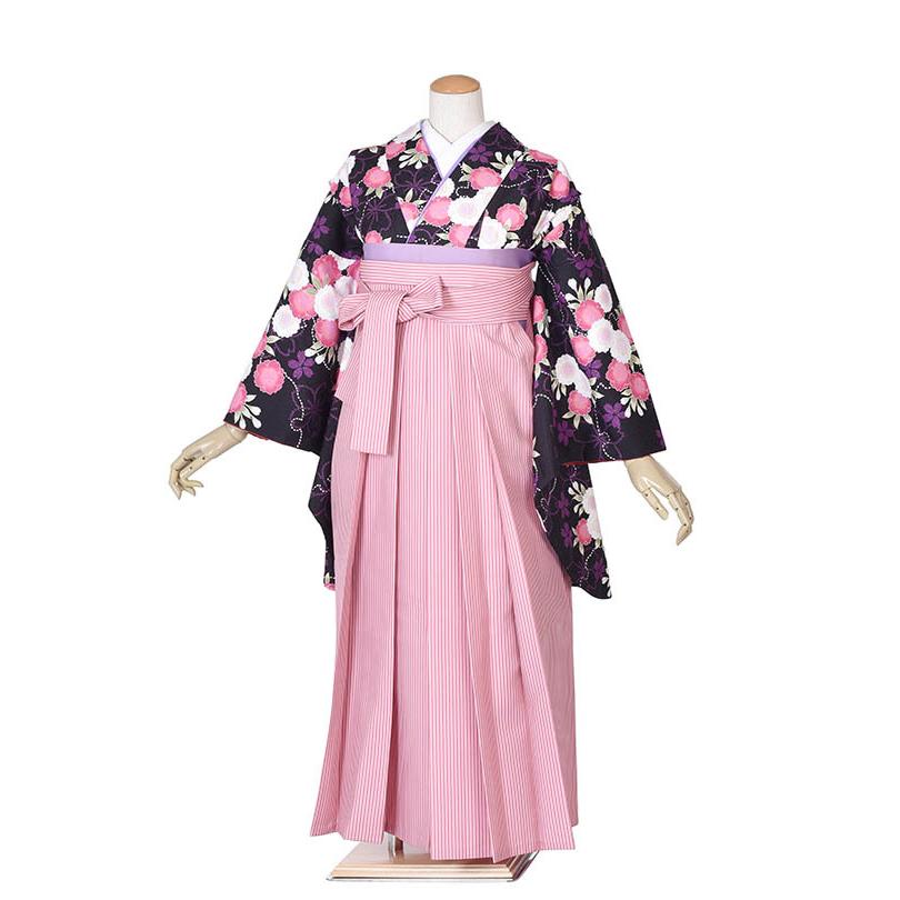 小学生卒業式袴 女児 155cm~160cm 黒小花ピンクストライプ レンタル フルセット 子供着物 貸衣裳 送料無料 フルセット 七五三姉妹 10才着物 13才まいり