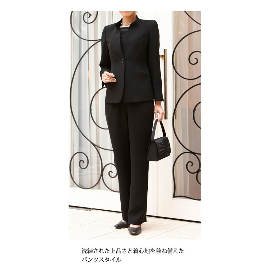 ブラックフォーマル レディース 喪服 パンツスーツ 礼服 国産 40代 50代 60代 ミセス 女性 前開き ブラウス ジャケット パンツ 葬儀 法事 7t141の画像