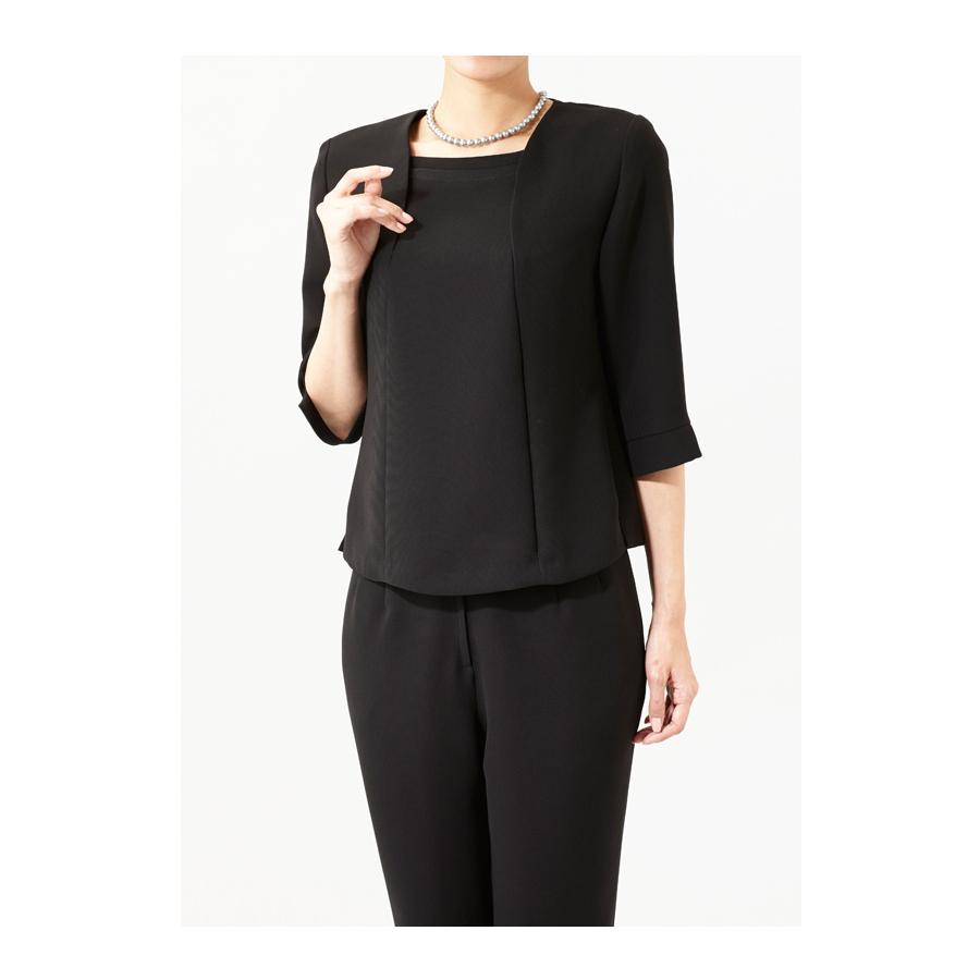 ブラックフォーマル レディース 喪服 パンツスーツ 礼服 国産 40代 50代 60代 ミセス 女性 前開き ブラウス ジャケット パンツ 葬儀 法事 7t141の画像