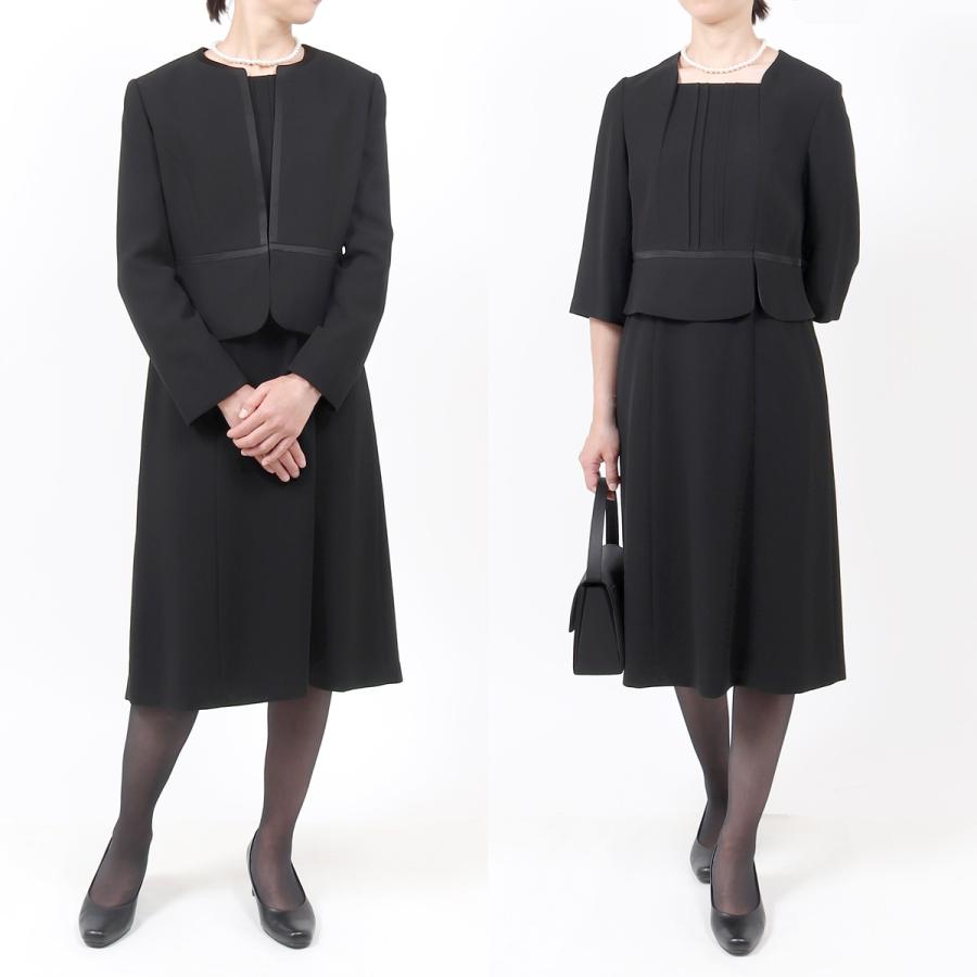 喪服 礼服 ブラックフォーマル レディース 大きいサイズ 30代 40代 50代 前開き ワンピース 夏 女性 葬儀 卒業式 黒 ママ スーツ 2点セット 安い t143の画像