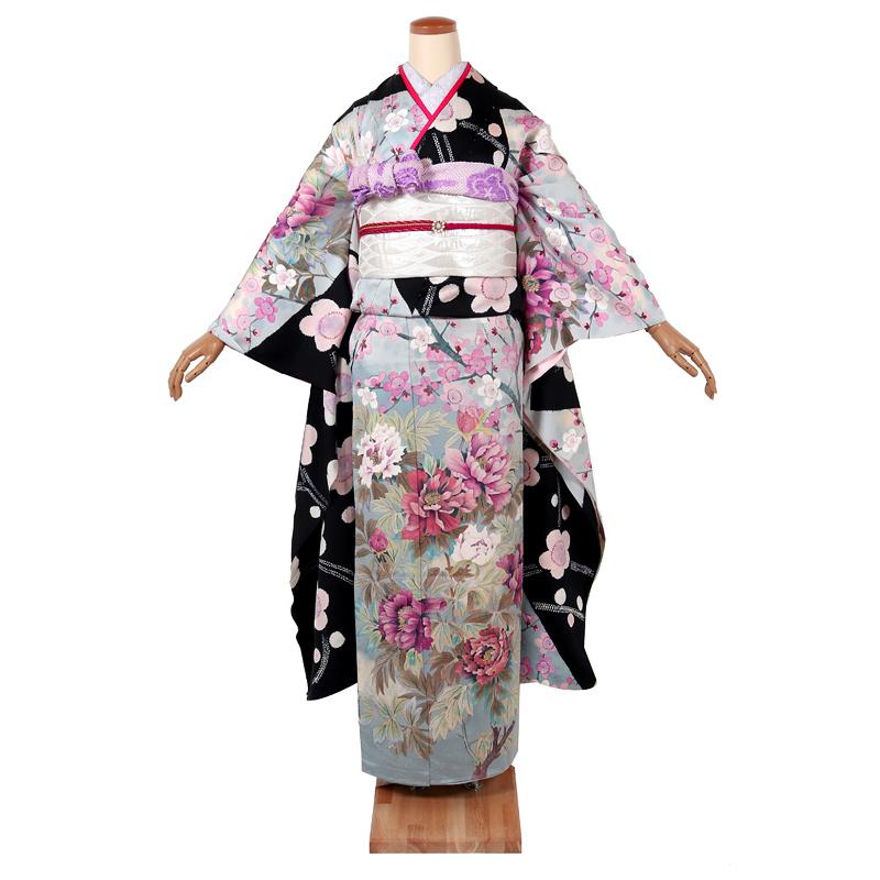 振袖 成人式 結婚式 卒業式 パーティー 振袖 販売 仮仕立て 未仕立て 仮絵羽 黒 グレー furisode 個性的 おしゃれ 振り袖71023の画像