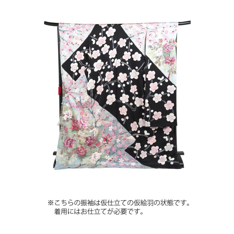 振袖 成人式 結婚式 卒業式 パーティー 振袖 販売 仮仕立て 未仕立て 仮絵羽 黒 グレー furisode 個性的 おしゃれ 振り袖71023の画像